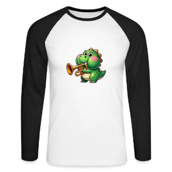 Dicker Trex mit Trompete Cartoon Dinosaurier Musik - Unisex Baseballshirt langarm - Weiß/Schwarz - Vorne - Nik (191cm)