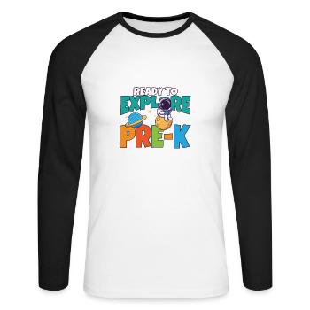 First Day Of School Day Ready to Explore Pre-K - Unisex Baseballshirt langarm - Weiß/Schwarz - Vorne - Nik (191cm)
