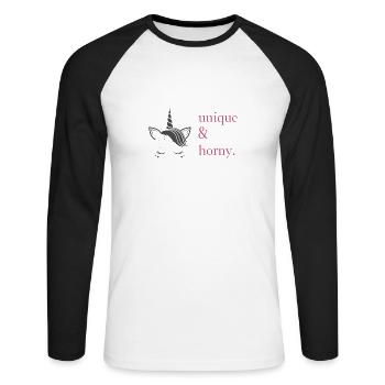 Unique & Horny. - Unisex Baseballshirt langarm - Weiß/Schwarz - Vorne - Nik (191cm)