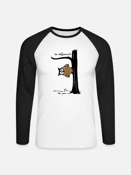 Eule auf Baum "be different, be you" - Unisex Baseballshirt langarm - Weiß/Schwarz