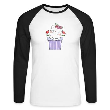 Niedliche Kawaii lustige Katze mit Blumen, die Miauen sagen - Unisex Baseballshirt langarm - Weiß/Schwarz - Vorne - Nik (191cm)