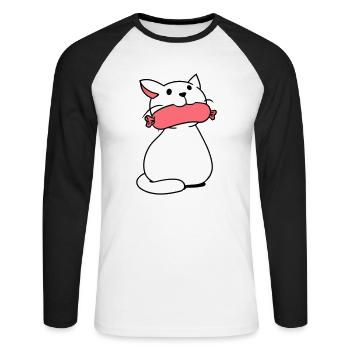 Süße Katze Isst Würstchen Mund Frisst Wurst Spaß - Unisex Baseballshirt langarm - Weiß/Schwarz - Vorne - Nik (191cm)