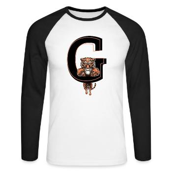 Buchstabe g Tiger - Geschenkidee - Unisex Baseballshirt langarm - Weiß/Schwarz - Vorne - Nik (191cm)