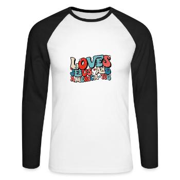 Aime Jésus et l’Amérique trop chrétien motive - T-shirt baseball manches longues Homme - blanc/noir - Devant - Nik (191cm)
