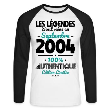 20th anniversary - Legends born September 2004 - Unisex Long Sleeve Baseball T-Shirt - white/black - Front - Nik (191cm)