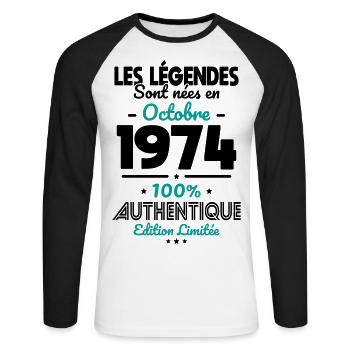 50th Anniversary - Legends born October 1974 - Unisex Long Sleeve Baseball T-Shirt - white/black - Front - Nik (191cm)