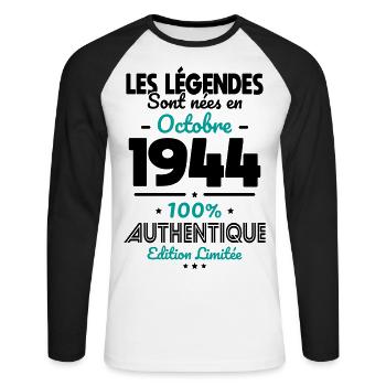 80th Anniversary - Legends born October 1944 - Unisex Long Sleeve Baseball T-Shirt - white/black - Front - Nik (191cm)