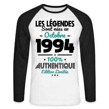 30th Anniversary - Legends born October 1994 - Unisex Long Sleeve Baseball T-Shirt - white/black - Front - Nik (191cm)