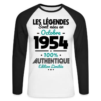 70th Anniversary - Legends born October 1954 - Unisex Long Sleeve Baseball T-Shirt - white/black - Front - Nik (191cm)