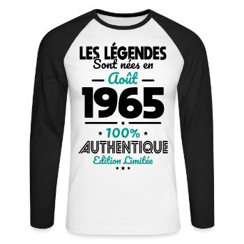 60th Birthday - Legends born August 1965 - Unisex Long Sleeve Baseball T-Shirt - white/black - Front - Nik (191cm)