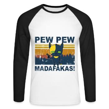 Katze Pew Pew - Unisex Baseballshirt langarm - Weiß/Schwarz - Vorne - Nik (191cm)