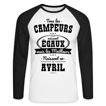 Campeurs égaux meilleurs naissent en Avril - T-shirt baseball manches longues Homme - blanc/noir - Devant - Nik (191cm)