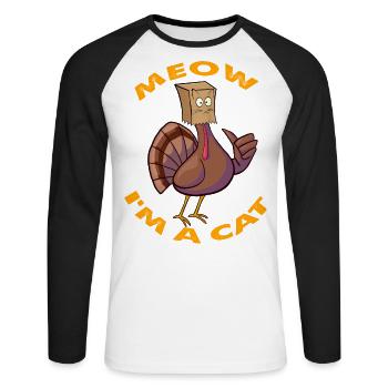 Thanksgiving Drôle de dinde Faux chat Rétro Femmes Hommes - T-shirt baseball manches longues Homme - blanc/noir - Devant - Nik (191cm)