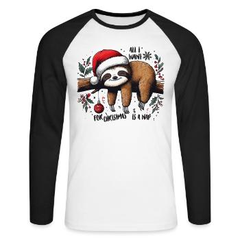 Sloth All I want for Christmas is a nap - Unisex Long Sleeve Baseball T-Shirt - white/black - Front - Nik (191cm)