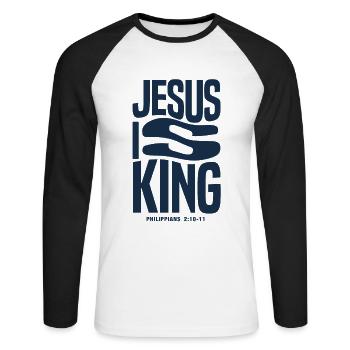 Jesus is King - Unisex Long Sleeve Baseball T-Shirt - white/black - Front - Nik (191cm)