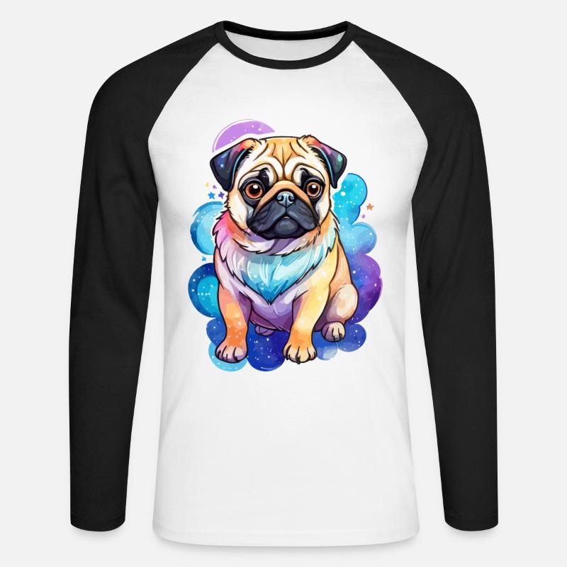 Mops Wasserfarben - Unisex Baseballshirt langarm - Weiß/Schwarz