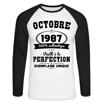 Anniversaire 35 ans - Octobre 1987 Perfection - T-shirt baseball manches longues Homme - blanc/noir - Devant - Nik (191cm)