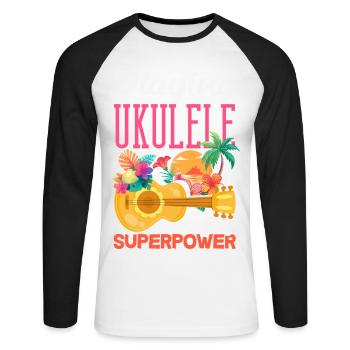 Jouer du ukulélé est mon superpouvoir Musicien d’Hawaï - T-shirt baseball manches longues Homme - blanc/noir - Devant - Nik (191cm)
