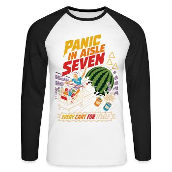 Panic in Gear Seven Shopping Cart Humor - Unisex Long Sleeve Baseball T-Shirt - white/black - Front - Nik (191cm)