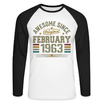 Février 1963 Cadeau 62e Anniversaire, Février 1963 - T-shirt baseball manches longues Homme - blanc/noir - Devant - Nik (191cm)