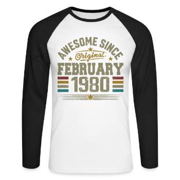 February 1980 45th Anniversary Gift, February 1980 - Unisex Long Sleeve Baseball T-Shirt - white/black - Front - Nik (191cm)