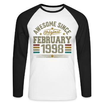 February 1998 27th Anniversary Gift, February 1998 - Unisex Long Sleeve Baseball T-Shirt - white/black - Front - Nik (191cm)