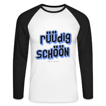 rüüdig schöön Swiss Things - Unisex Baseballshirt langarm - Weiß/Schwarz - Vorne - Nik (191cm)