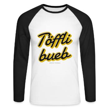Töfflibueb Swiss Things - Unisex Baseballshirt langarm - Weiß/Schwarz - Vorne - Nik (191cm)