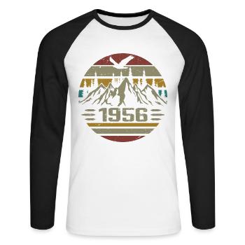 Born in 1956 Original Retro 1956 Anniversary Gift - Unisex Long Sleeve Baseball T-Shirt - white/black - Front - Nik (191cm)
