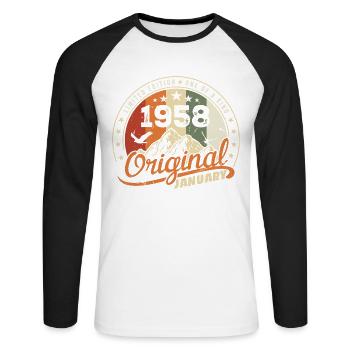 Original Geboren im Januar Geburtstag | Januar 1958 - Unisex Baseballshirt langarm - Weiß/Schwarz - Vorne - Nik (191cm)