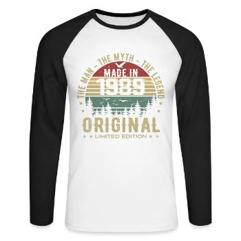 Original 1989 Retro 1989 Geburtstagsgeschenk 1989 - Unisex Baseballshirt langarm - Weiß/Schwarz - Vorne - Nik (191cm)