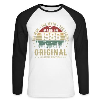 Original 1986 Retro 1986 Geburtstagsgeschenk 1986 - Unisex Baseballshirt langarm - Weiß/Schwarz - Vorne - Nik (191cm)