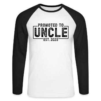 Promoted to uncle set for 2025 - Unisex Long Sleeve Baseball T-Shirt - white/black - Front - Nik (191cm)