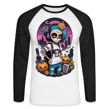 Sugar Skull Girl with Pumpkins - Unisex Long Sleeve Baseball T-Shirt - white/black - Front - Nik (191cm)