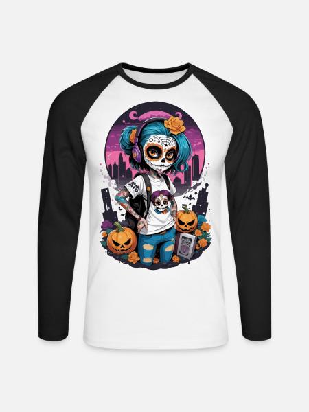 Sugar Skull Girl with Pumpkins - Unisex Long Sleeve Baseball T-Shirt - white/black