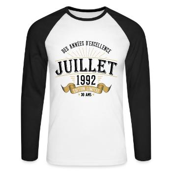 30 Ans Anniversaire Vintage Né(e) en Juillet 1992 - T-shirt baseball manches longues Homme - blanc/noir - Devant - Nik (191cm)