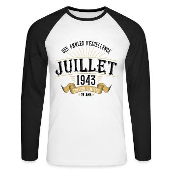 79 Ans Anniversaire Vintage Né(e) en Juillet 1943 - T-shirt baseball manches longues Homme - blanc/noir - Devant - Nik (191cm)