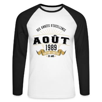 33 Ans Anniversaire Vintage Né(e) en Août 1989 - T-shirt baseball manches longues Homme - blanc/noir - Devant - Nik (191cm)