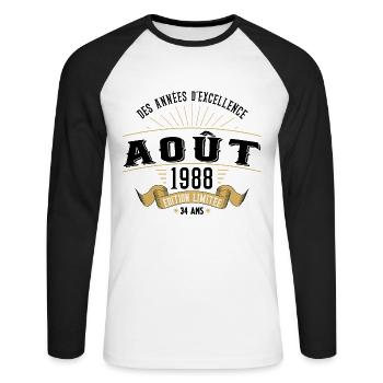 34 Ans Anniversaire Vintage Né(e) en Août 1988 - T-shirt baseball manches longues Homme - blanc/noir - Devant - Nik (191cm)