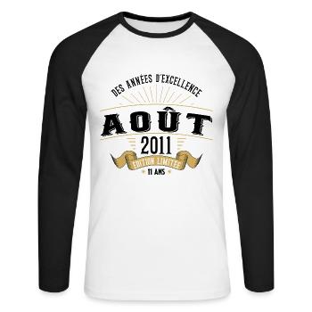11 Ans Anniversaire Vintage Né(e) en Août 2011 - T-shirt baseball manches longues Homme - blanc/noir - Devant - Nik (191cm)
