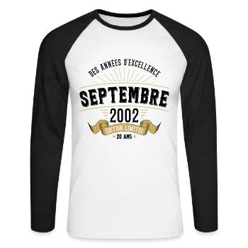 20 Ans Anniversaire Vintage Né(e) Septembre 2002 - T-shirt baseball manches longues Homme - blanc/noir - Devant - Nik (191cm)