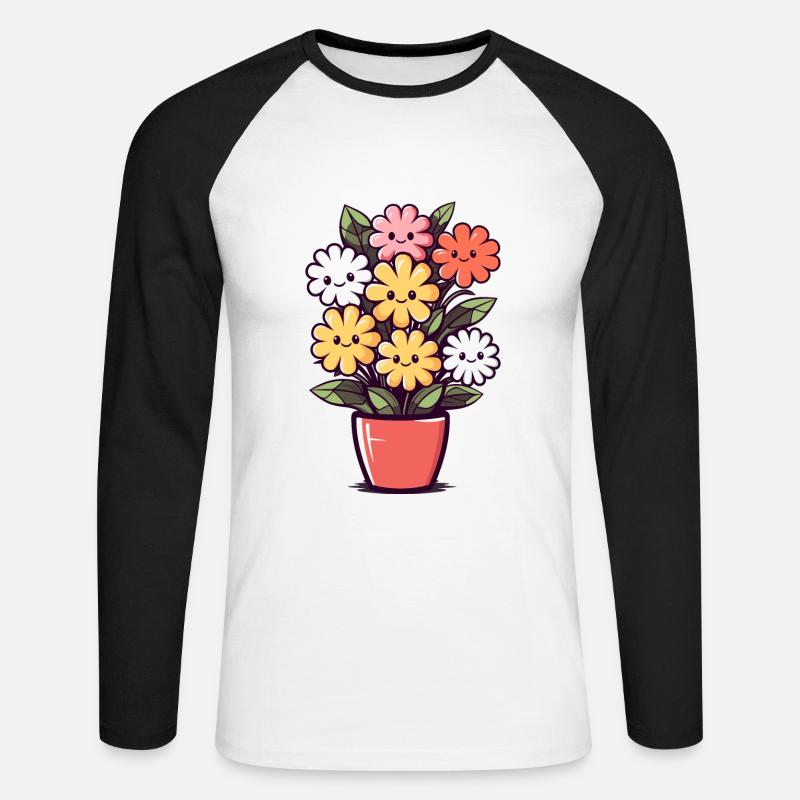 Lachende Blumen im Blumentopf - Unisex Baseballshirt langarm - Weiß/Schwarz