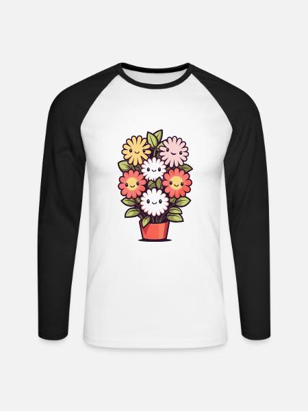 Lachende Blumen im Blumentopf - Unisex Baseballshirt langarm - Weiß/Schwarz