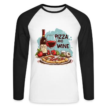Pizza et vin Nourriture Alcool - T-shirt baseball manches longues Homme - blanc/noir - Devant - Nik (191cm)