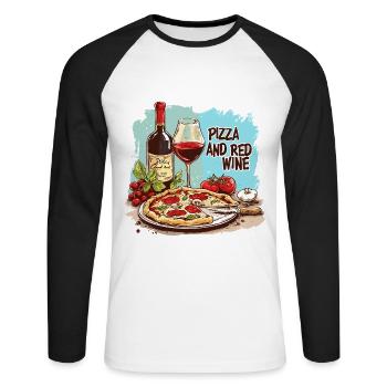 Pizza et vin Nourriture Alcool - T-shirt baseball manches longues Homme - blanc/noir - Devant - Nik (191cm)