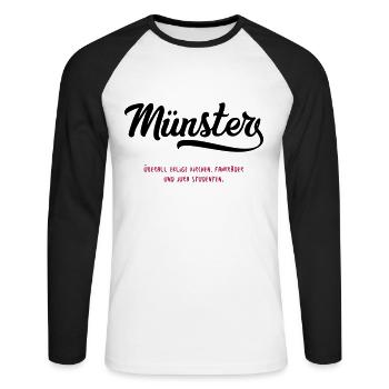 Lustiges Stadt Münster Shirt - Satirischer Fakt - Unisex Baseballshirt langarm - Weiß/Schwarz - Vorne - Nik (191cm)