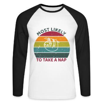 Most likely to take a nap - Sloth - Unisex Long Sleeve Baseball T-Shirt - white/black - Front - Nik (191cm)