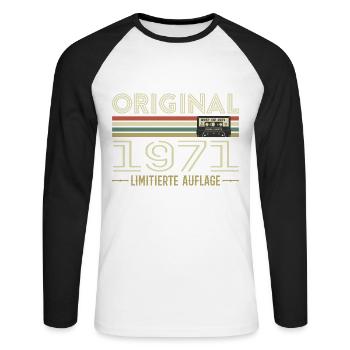 Original 1971 Vintage rétro anniversaire Vintage - T-shirt baseball manches longues Homme - blanc/noir - Devant - Nik (191cm)