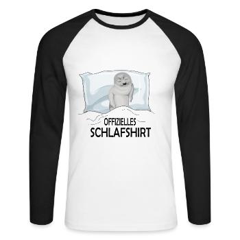 Offizielles Schlafshirt Seerobbe -Nachthemd Pyjama - Unisex Baseballshirt langarm - Weiß/Schwarz - Vorne - Nik (191cm)