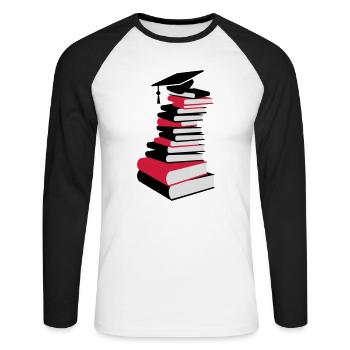 Une pile de livres avec chapeau de graduation - T-shirt baseball manches longues Homme - blanc/noir - Devant - Nik (191cm)